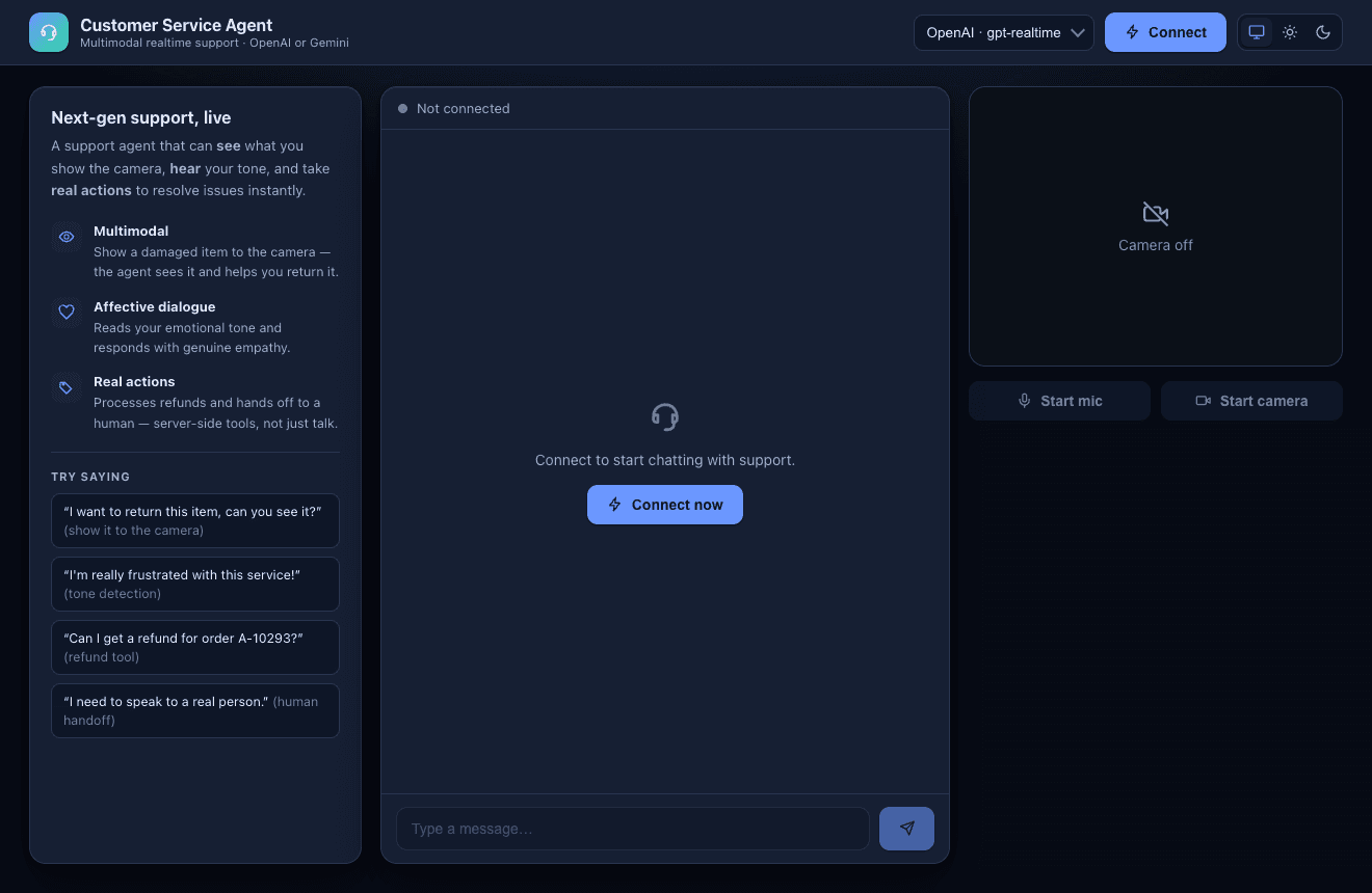 Customer Service Agent — dark theme